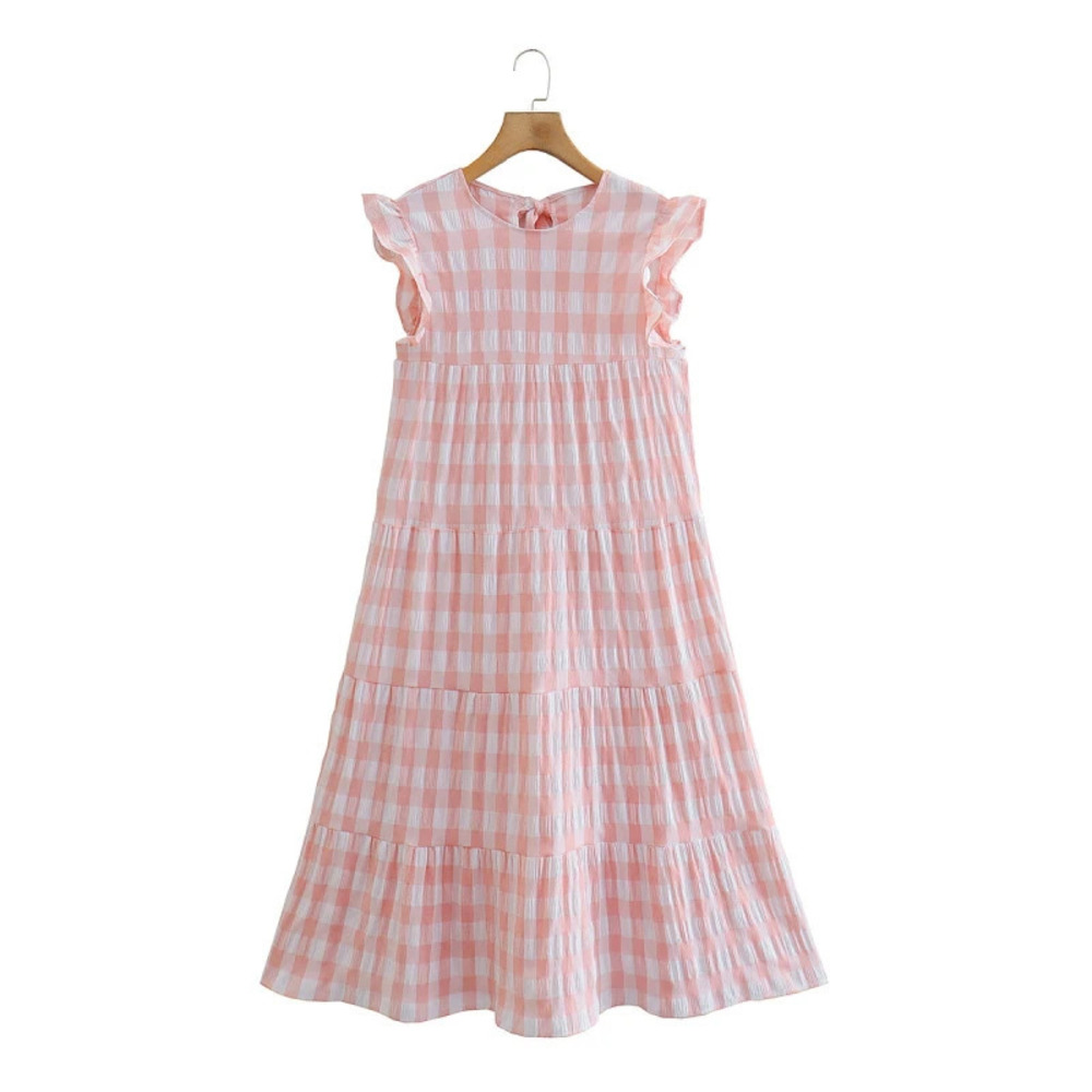 Spring Pink Plaid Flutter Sleeve Dress